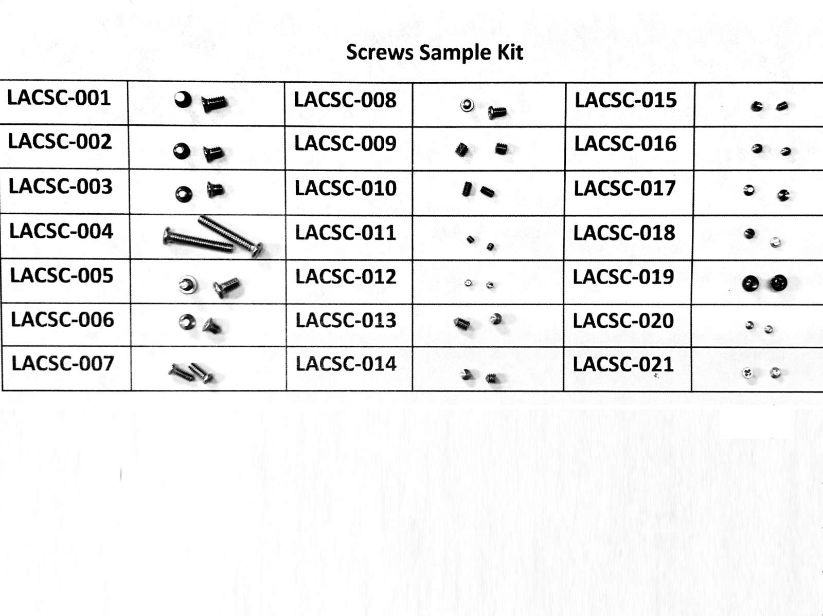 Screw Sample Kit - 2 Screw Samples of Each Available Sizes / LACSC-100